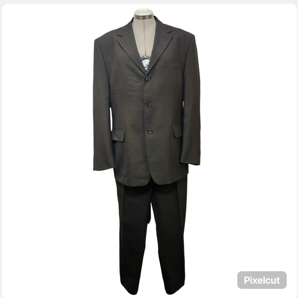 Protocol black with stripes men's suit jacket 44R pants 36R. Pants classic cut.